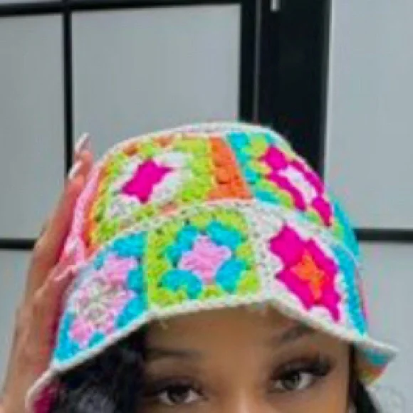Multi Bright Printed Floral Knit Crochet Fisherman Hat OS New - Picture 9 of 9
